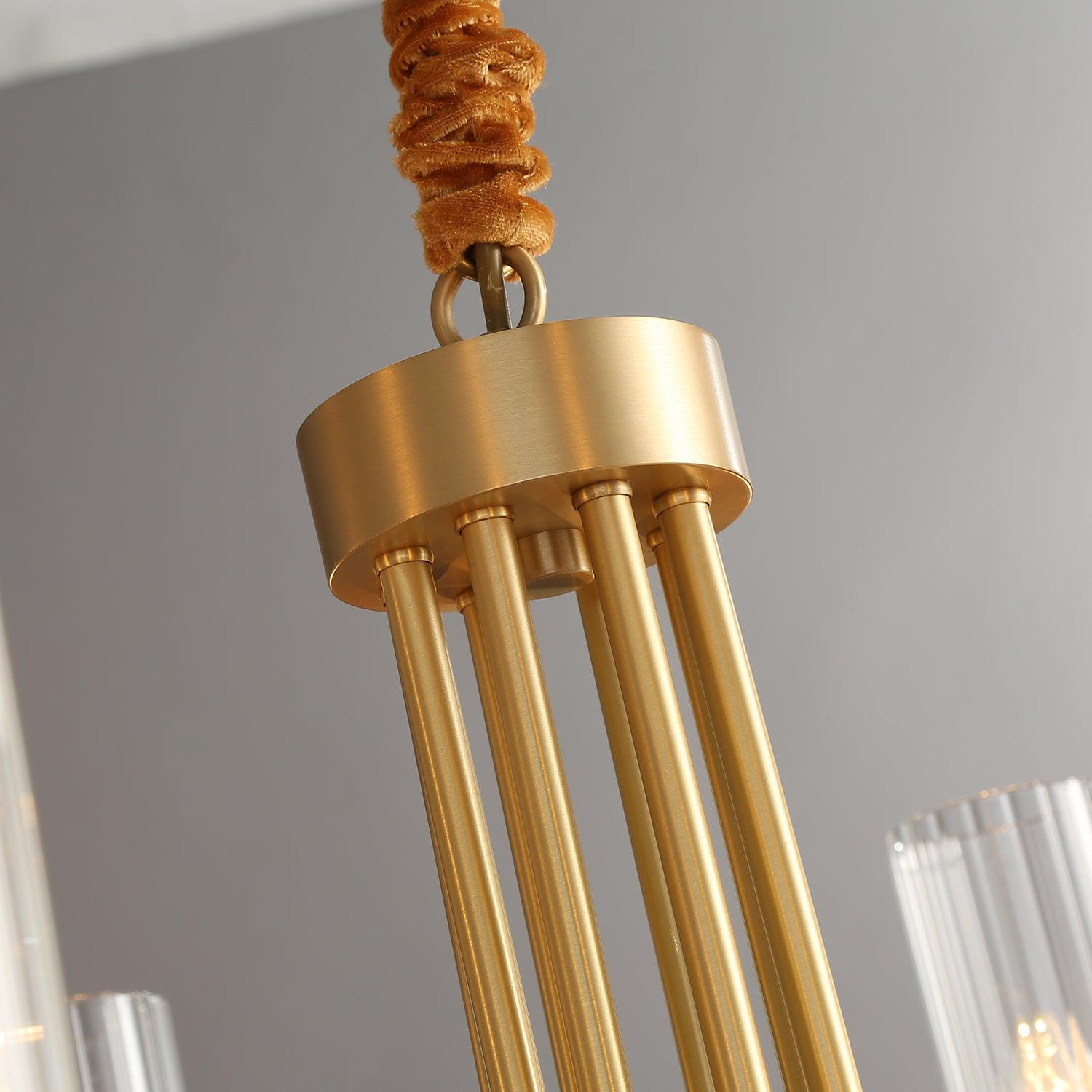 Kearney Vintage Brass Chandelier with Cylindrical Glass Shades for Living Room