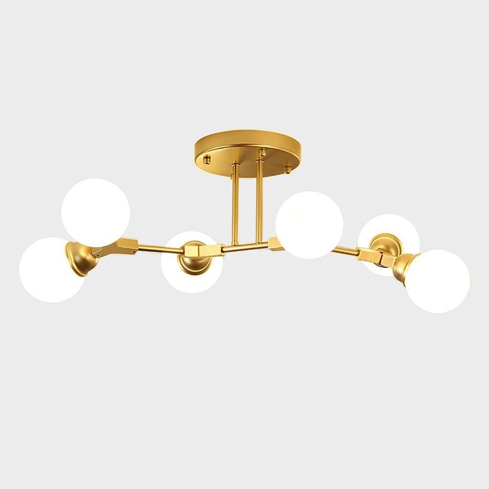 Modern 6 Light Sputnik Semi Flush Mount Ceiling Light with White Opal Glass Globes Gold Finish 31 Inch