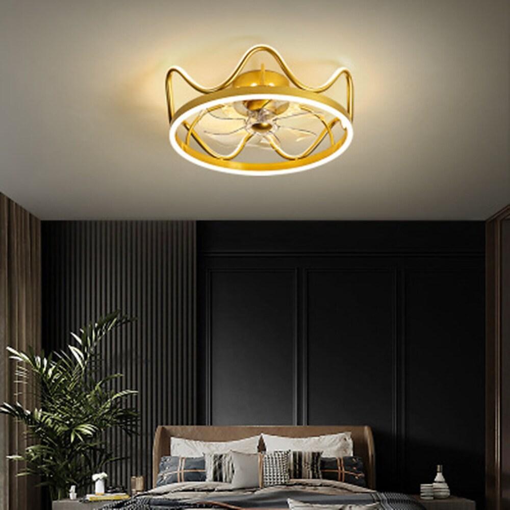 Modern Crown Shape LED Ceiling Fan with Light Dimmable Flush Mount Gold and Black Finish