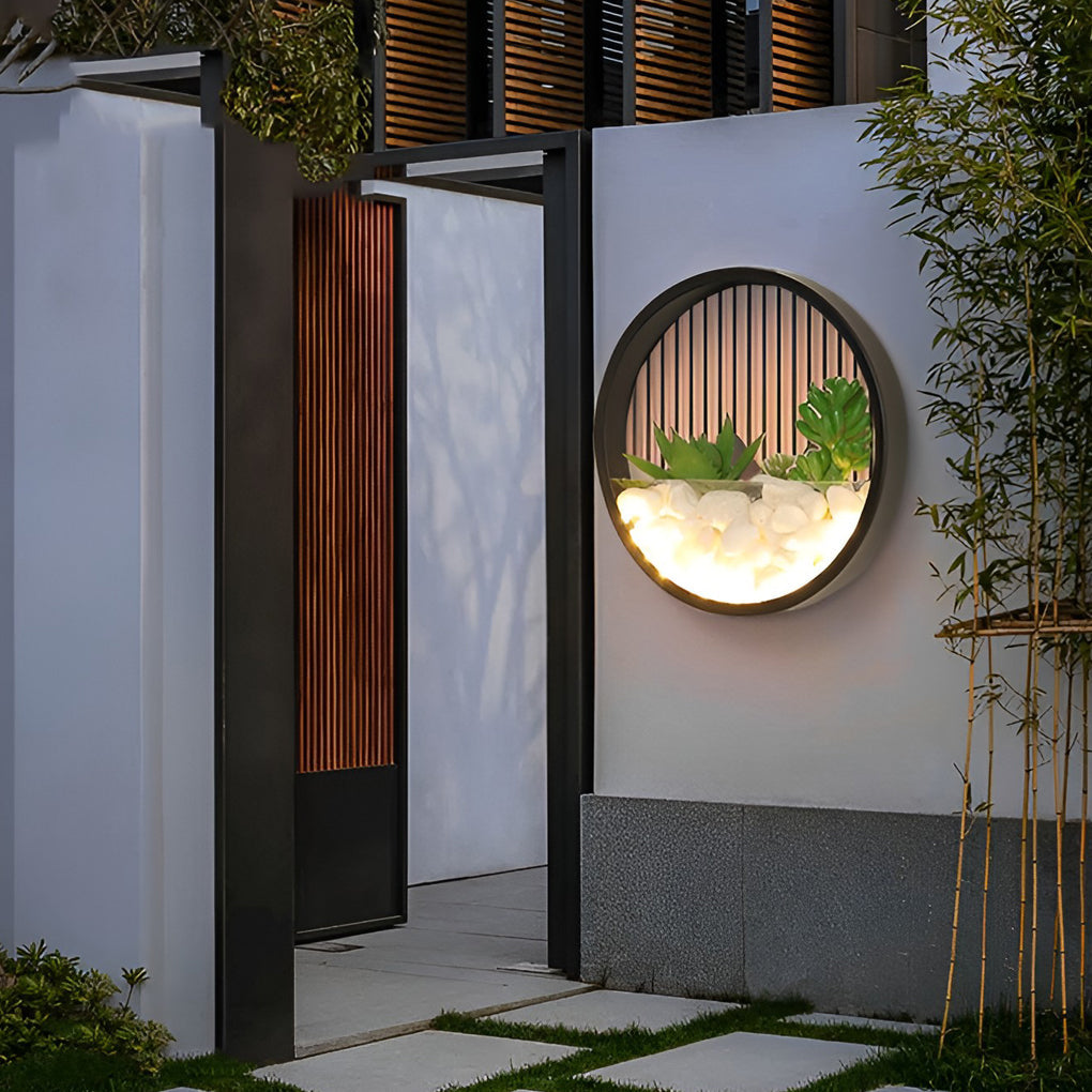 Landscape Decorative Round LED Outdoor Wall Sconce with Artificial Plants and Stones 18W