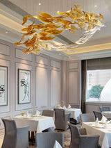 Large Brushed Gold Leaf Pendant Chandelier Modern Integrated LED Ceiling Light