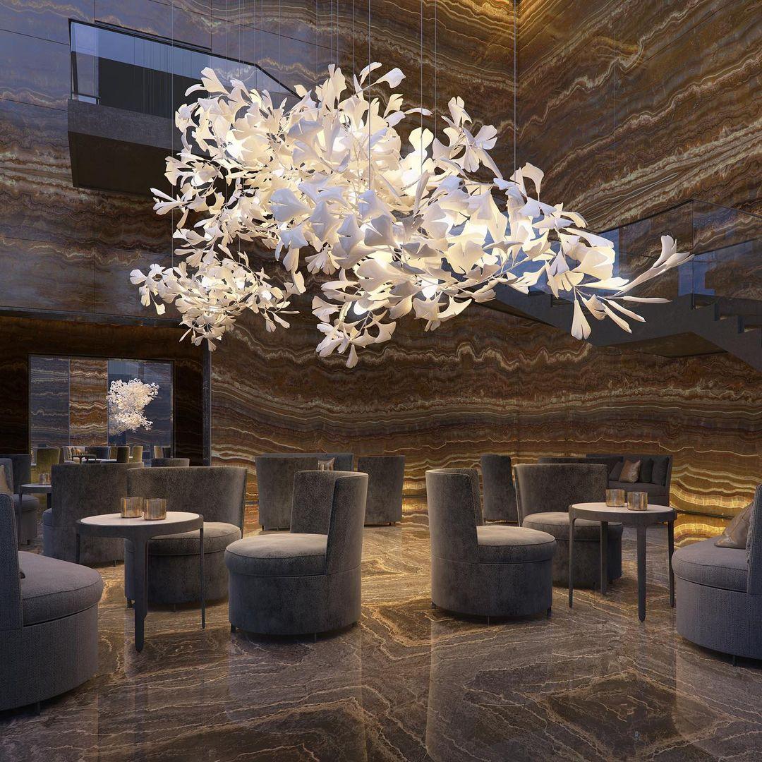 Large Ceramic Gingko Leaf Chandelier Modern Porcelain Petal Pendant Light for Grand Spaces