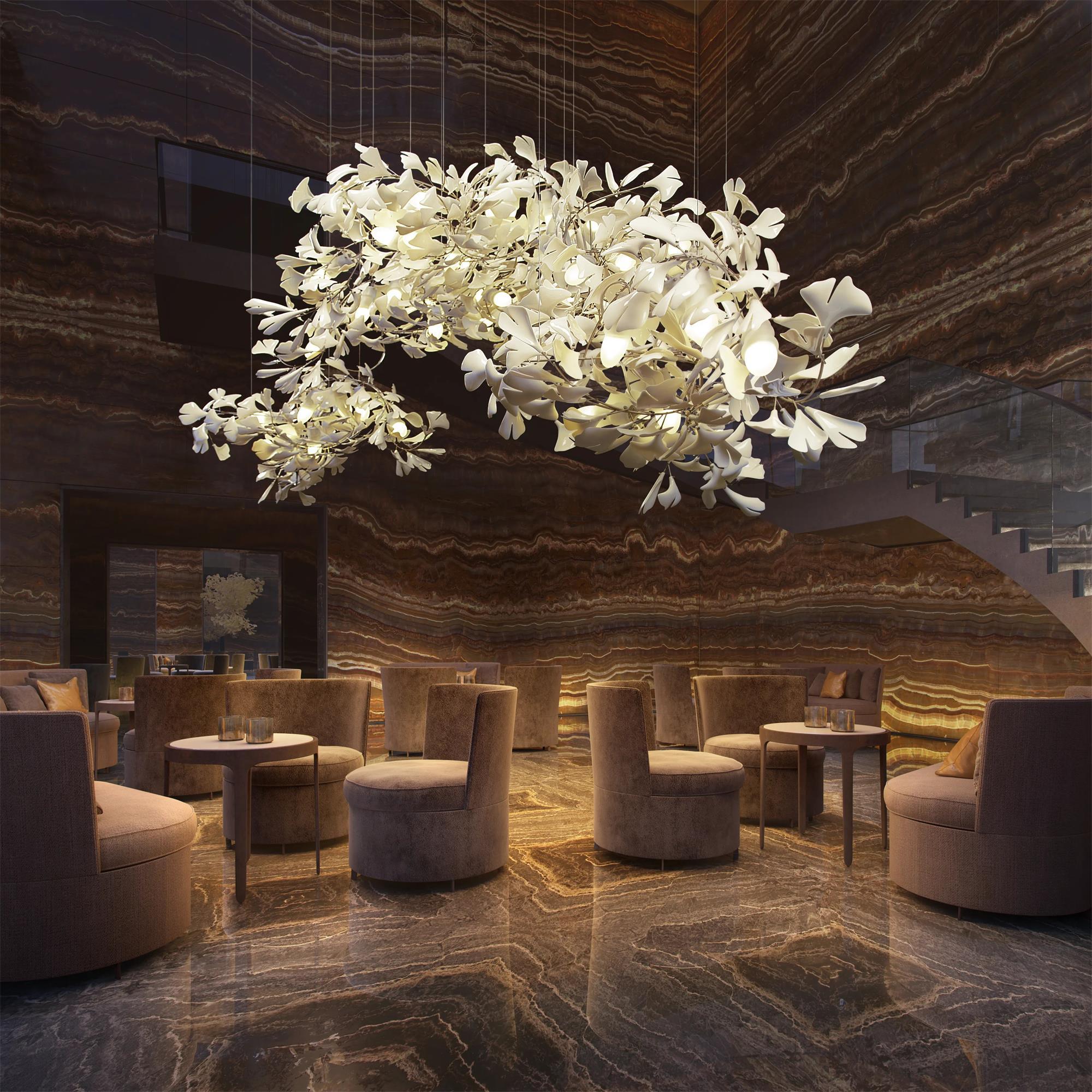Large Ceramic Gingko Leaf Chandelier Modern Porcelain Petal Pendant Light for Grand Spaces