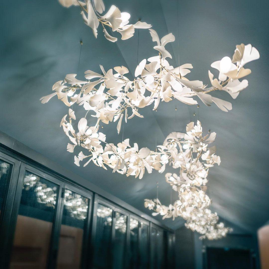 Large Ceramic Gingko Leaf Chandelier Modern Porcelain Petal Pendant Light for Grand Spaces
