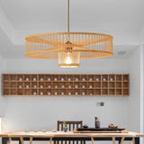 Large Farmhouse Burlywood Bamboo Drum Pendant Light Woven Ceiling Hanging Lamp