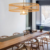 Large Farmhouse Burlywood Bamboo Drum Pendant Light Woven Ceiling Hanging Lamp