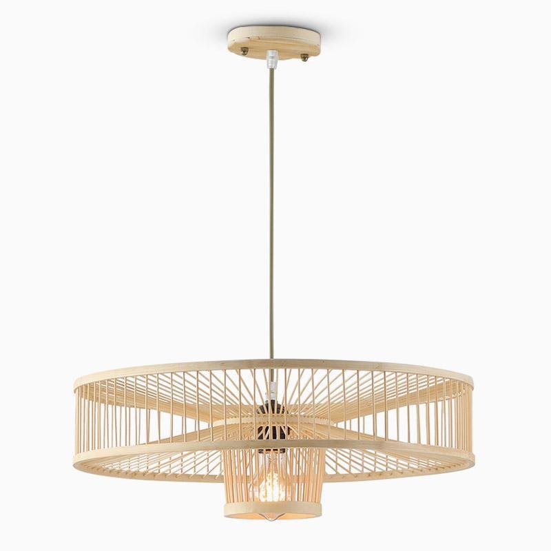 Large Farmhouse Burlywood Bamboo Drum Pendant Light Woven Ceiling Hanging Lamp