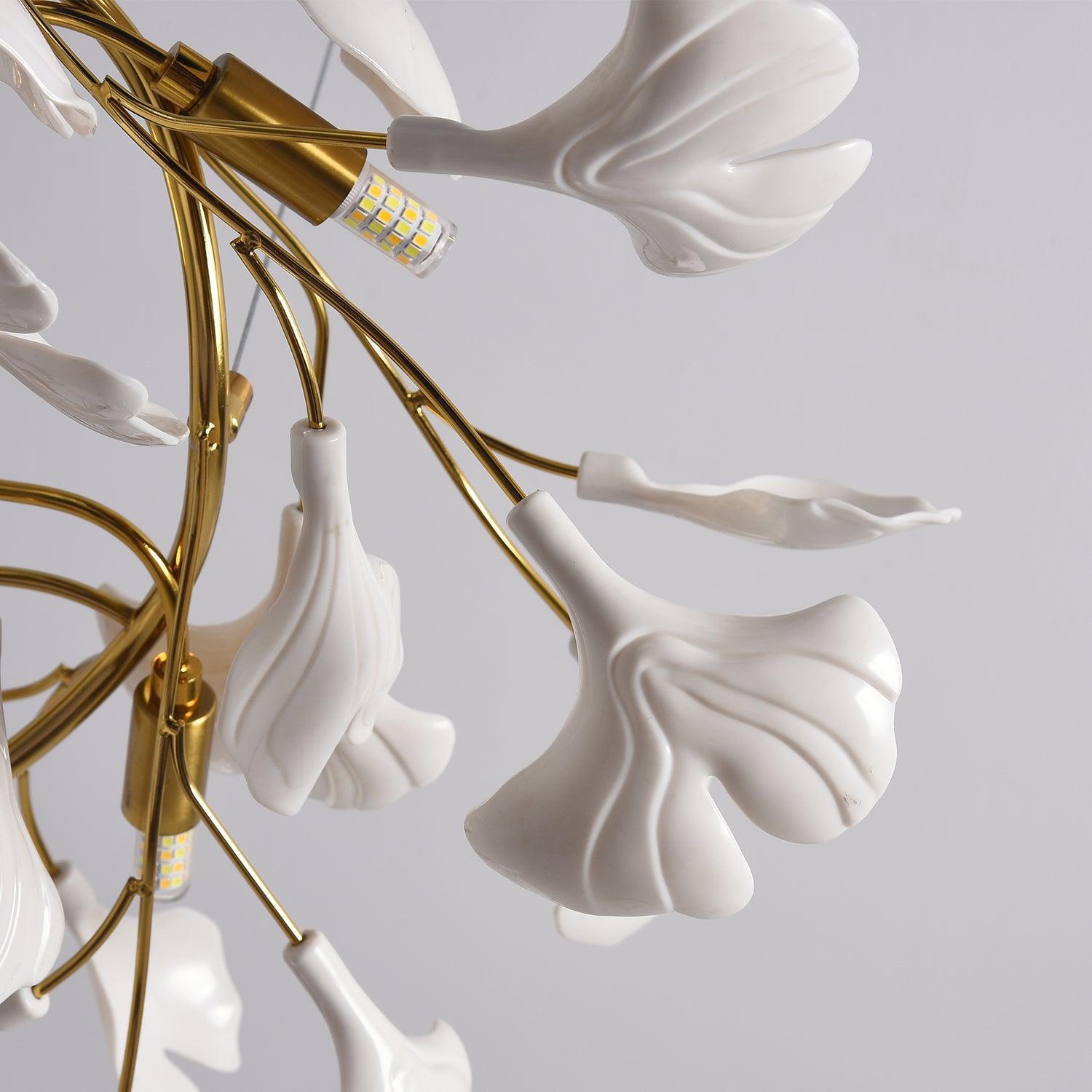 Large Modern Ginkgo Leaf Chandelier with Gold Finish and White Porcelain Ceramic Leaves