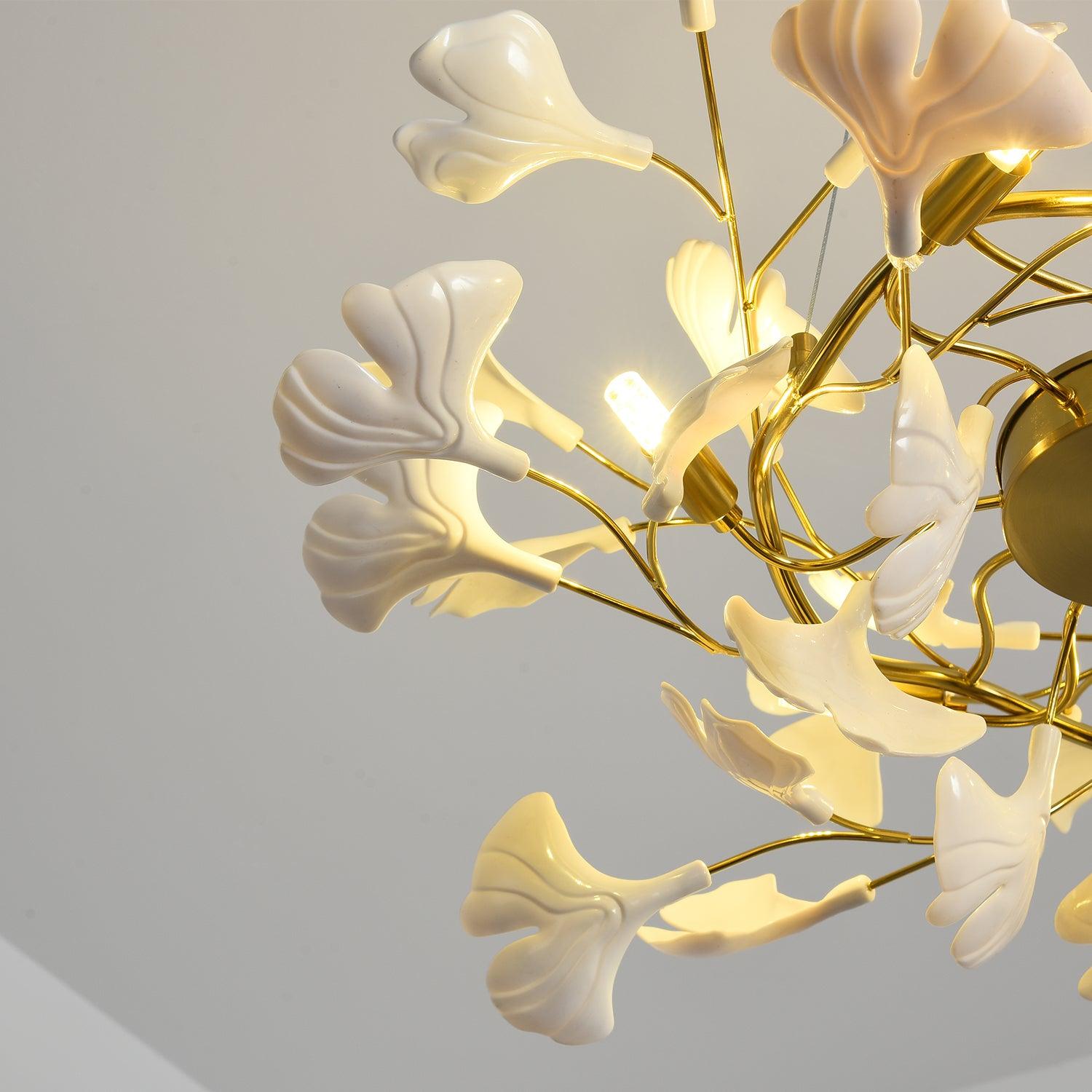 Large Modern Ginkgo Leaf Chandelier with Gold Finish and White Porcelain Ceramic Leaves