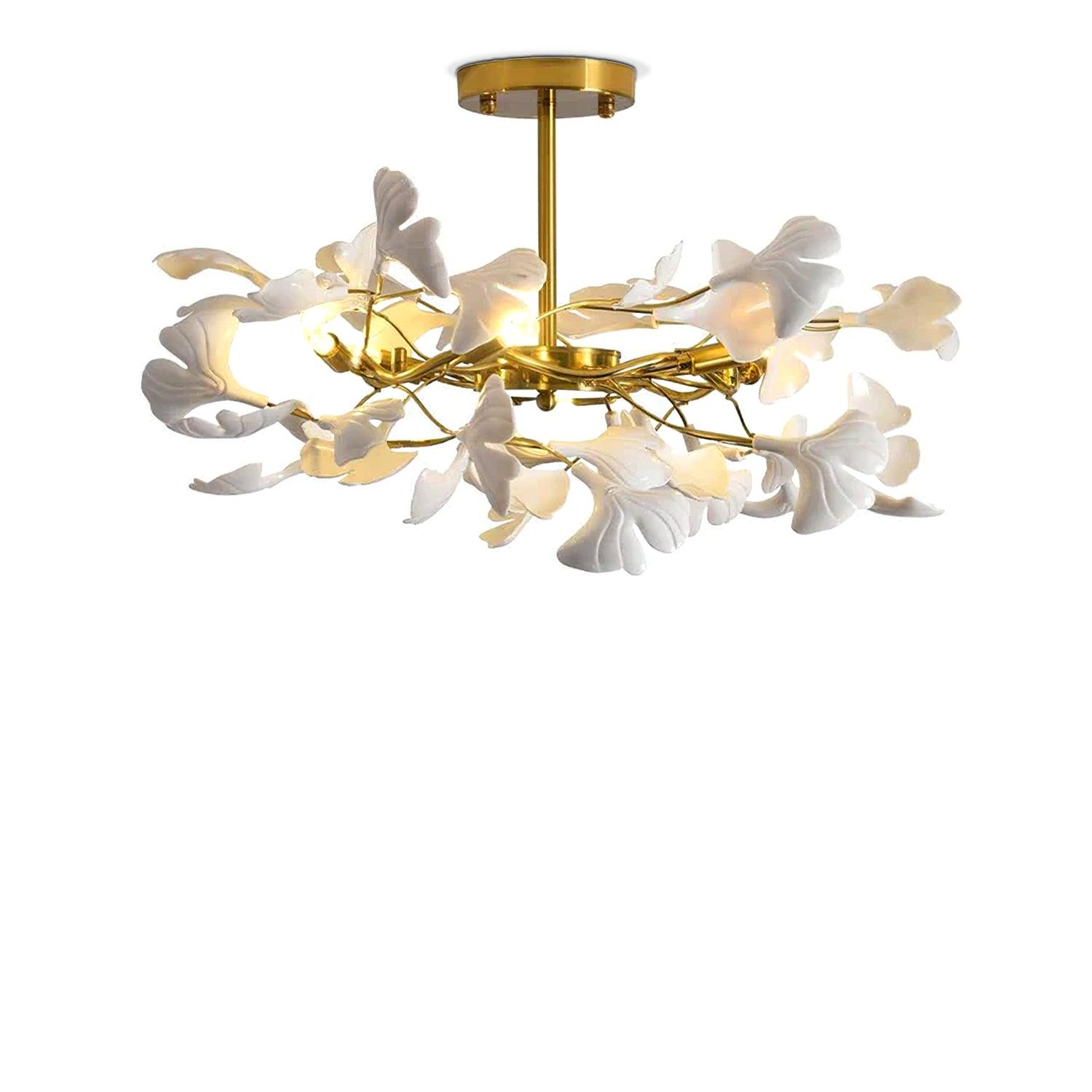 Large Modern Ginkgo Leaf Chandelier with Gold Finish and White Porcelain Ceramic Leaves