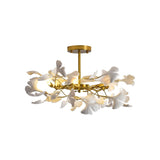 Large Modern Ginkgo Leaf Chandelier with Gold Finish and White Porcelain Ceramic Leaves
