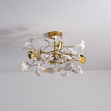 Large Modern Ginkgo Leaf Chandelier with Gold Finish and White Porcelain Ceramic Leaves