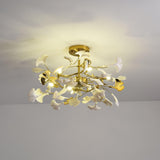 Large Modern Ginkgo Leaf Chandelier with Gold Finish and White Porcelain Ceramic Leaves