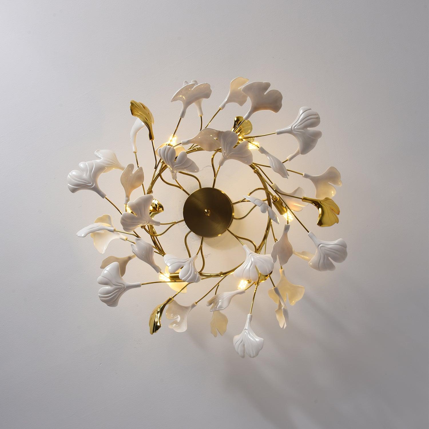 Large Modern Ginkgo Leaf Chandelier with Gold Finish and White Porcelain Ceramic Leaves
