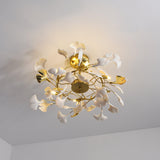 Large Modern Ginkgo Leaf Chandelier with Gold Finish and White Porcelain Ceramic Leaves