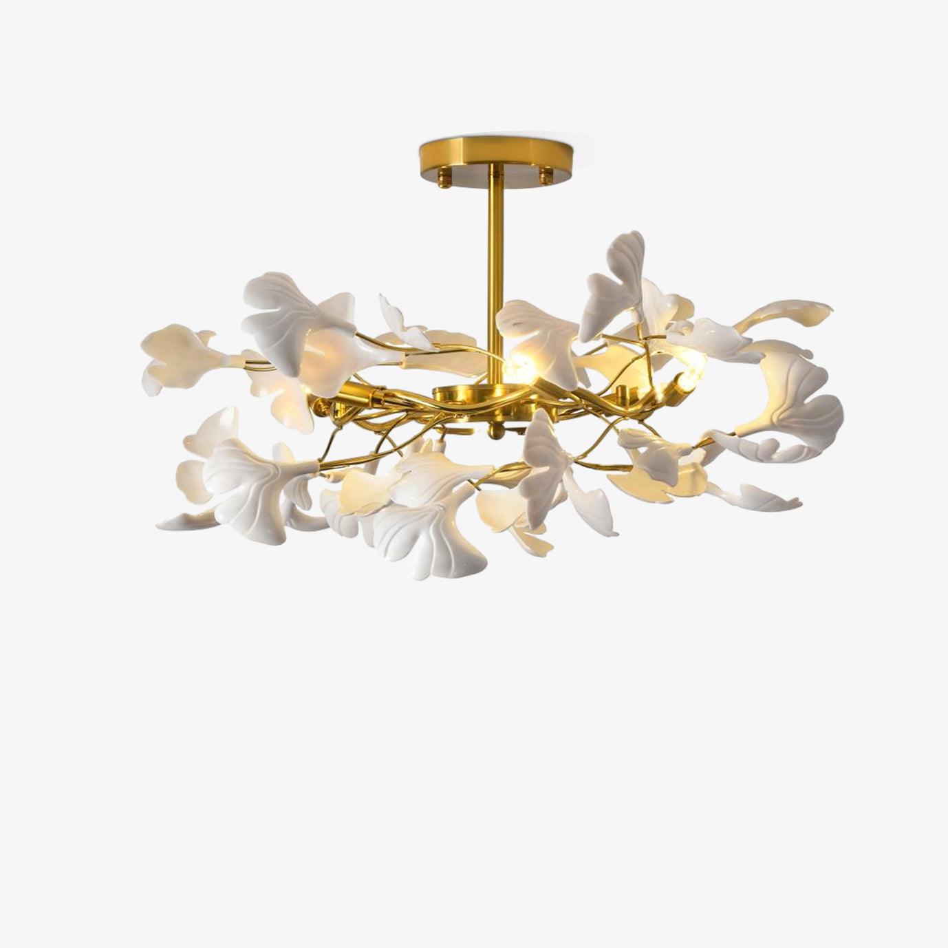 Large Modern Ginkgo Leaf Chandelier with Gold Finish and White Porcelain Ceramic Leaves