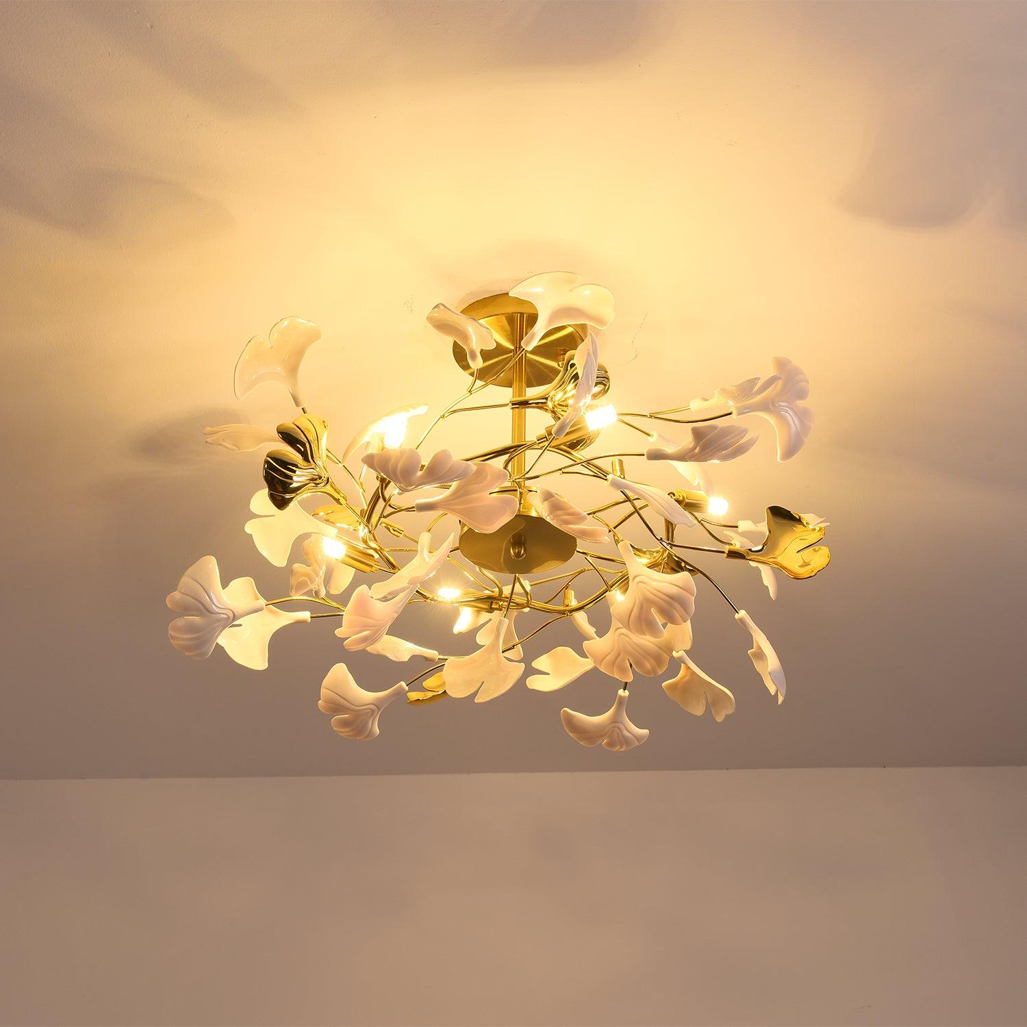 Large Modern Ginkgo Leaf Chandelier with Gold Finish and White Porcelain Ceramic Leaves