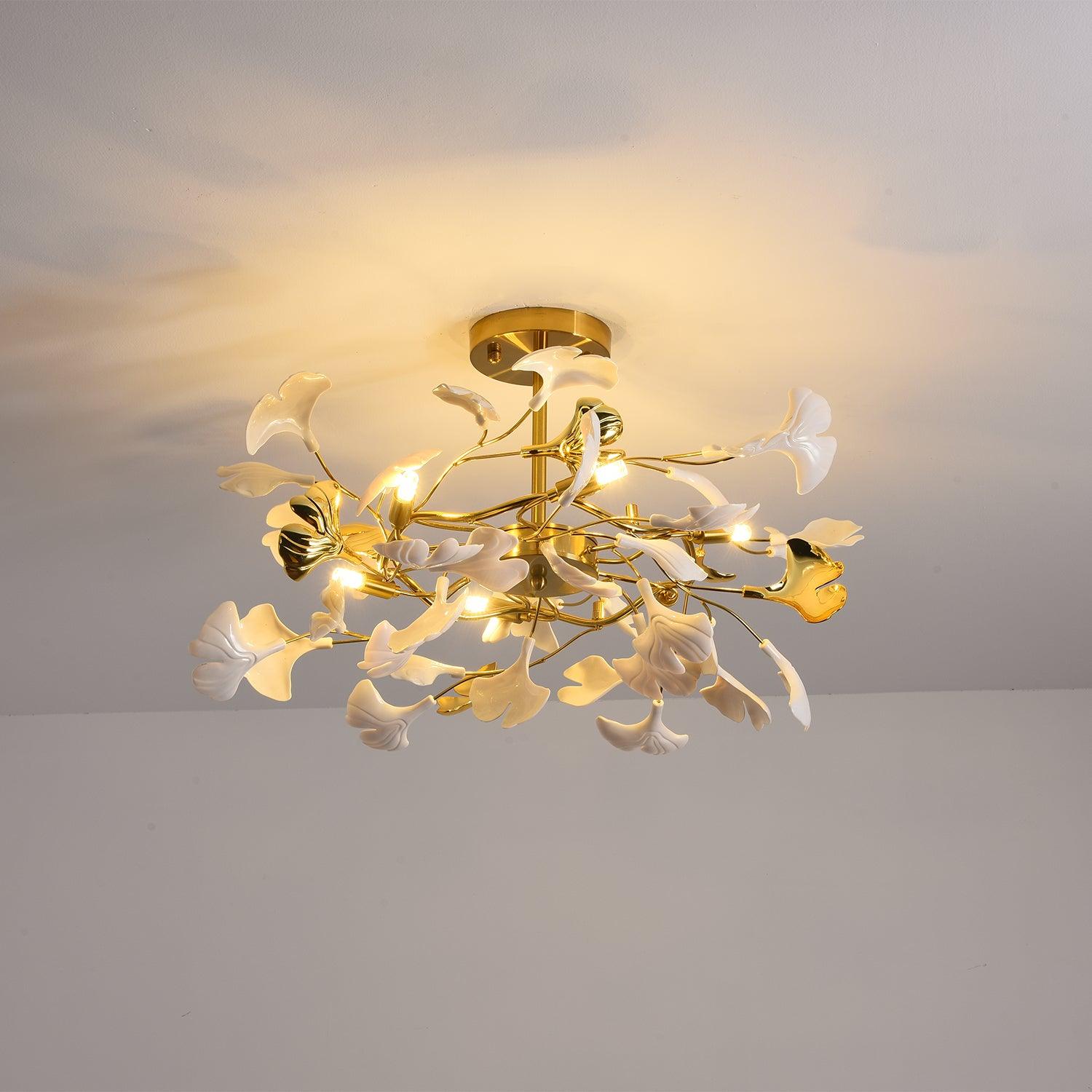 Large Modern Ginkgo Leaf Chandelier with Gold Finish and White Porcelain Ceramic Leaves