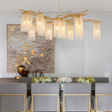 Large Nature Inspired Brass Branch Chandelier with Crystal Pendants for Modern Dining Rooms