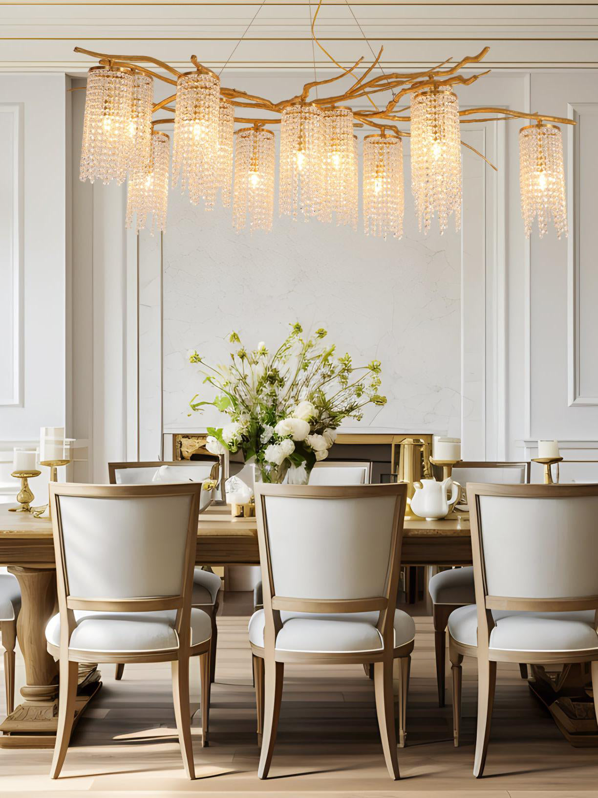 Large Nature Inspired Brass Branch Chandelier with Crystal Pendants for Modern Dining Rooms