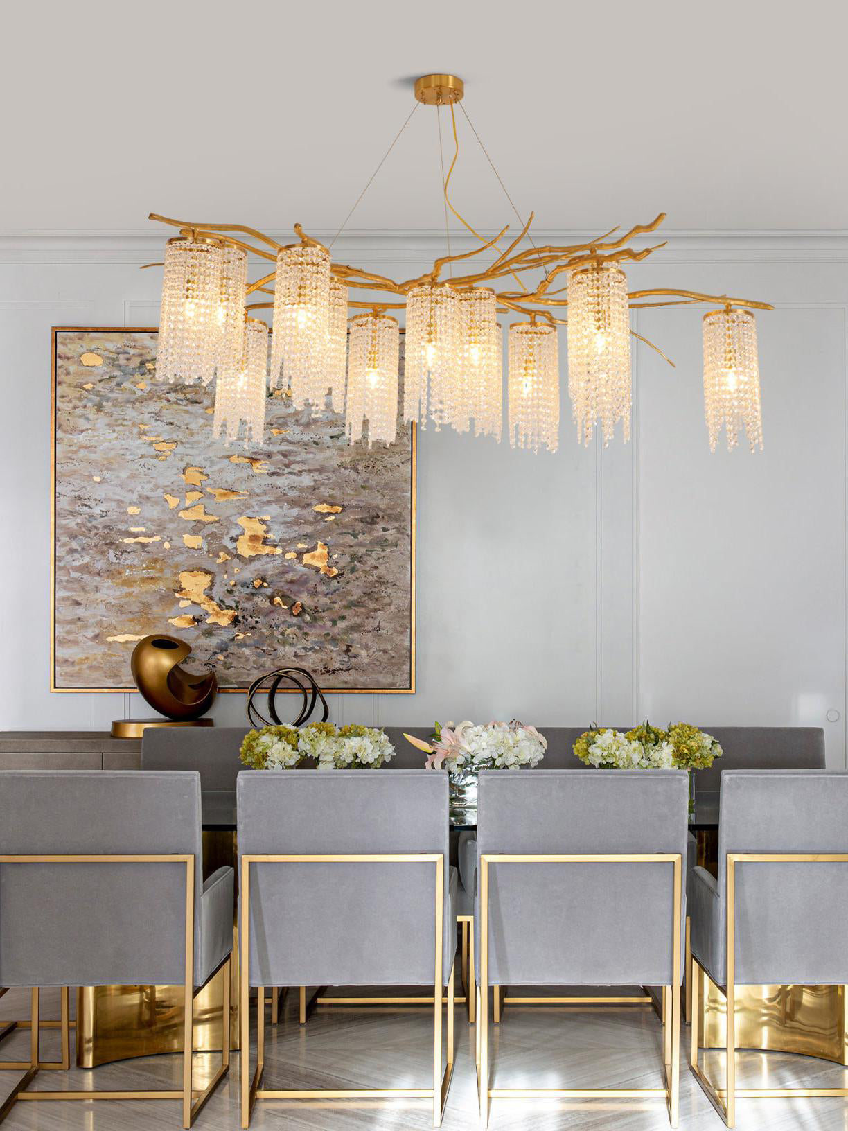 Large Nature Inspired Brass Branch Chandelier with Crystal Pendants for Modern Dining Rooms