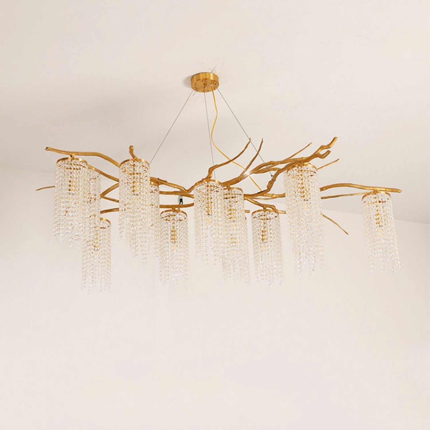 Large Nature Inspired Brass Branch Chandelier with Crystal Pendants for Modern Dining Rooms