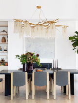 Large Nature Inspired Brass Branch Chandelier with Crystal Pendants for Modern Dining Rooms