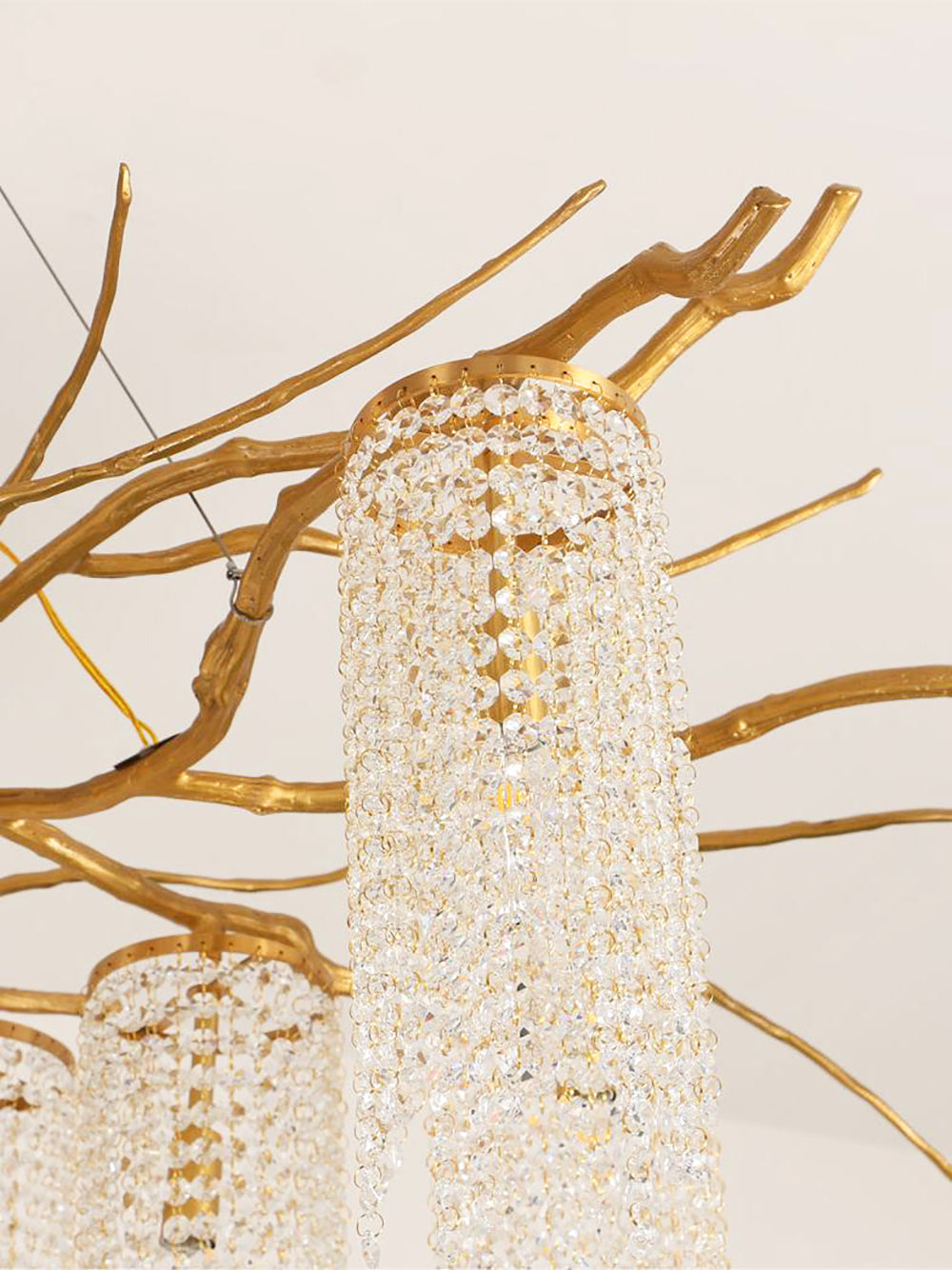 Large Nature Inspired Brass Branch Chandelier with Crystal Pendants for Modern Dining Rooms