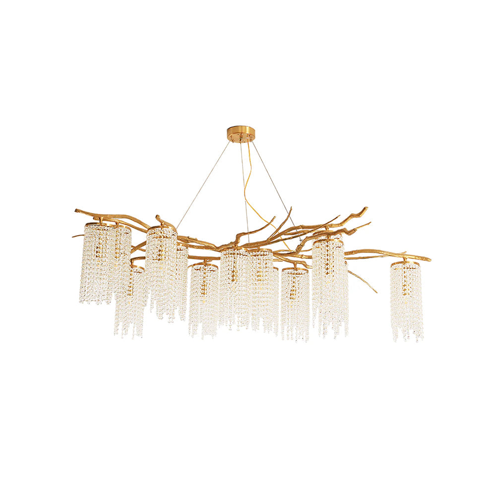 Large Nature Inspired Brass Branch Chandelier with Crystal Pendants for Modern Dining Rooms
