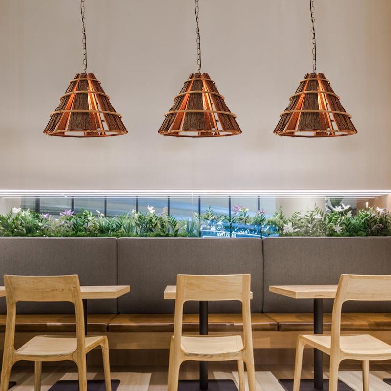 Large Rustic Farmhouse Wood Cone Pendant Light with Natural Bark Texture
