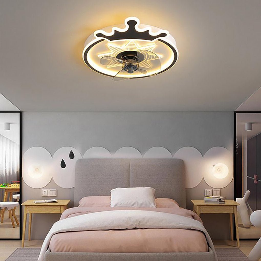 Modern 22 Inch Crown Ceiling Fan with LED Light and Remote for Kids Room Black and Gold