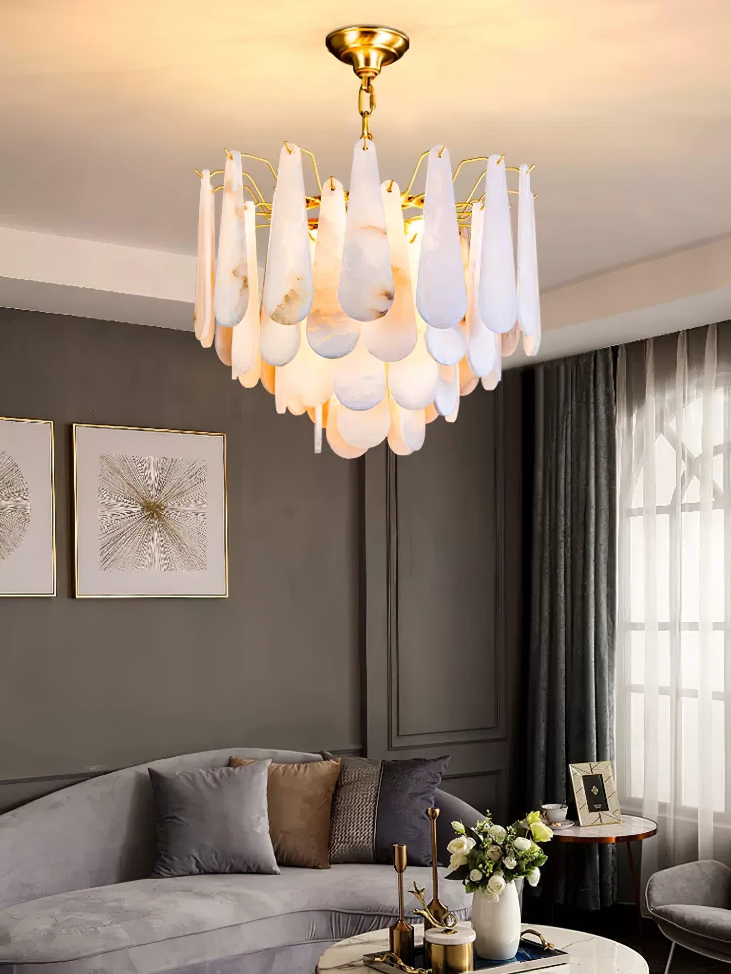 Leon Alabaster Crown Chandelier with Polished Brass Three Tier Design