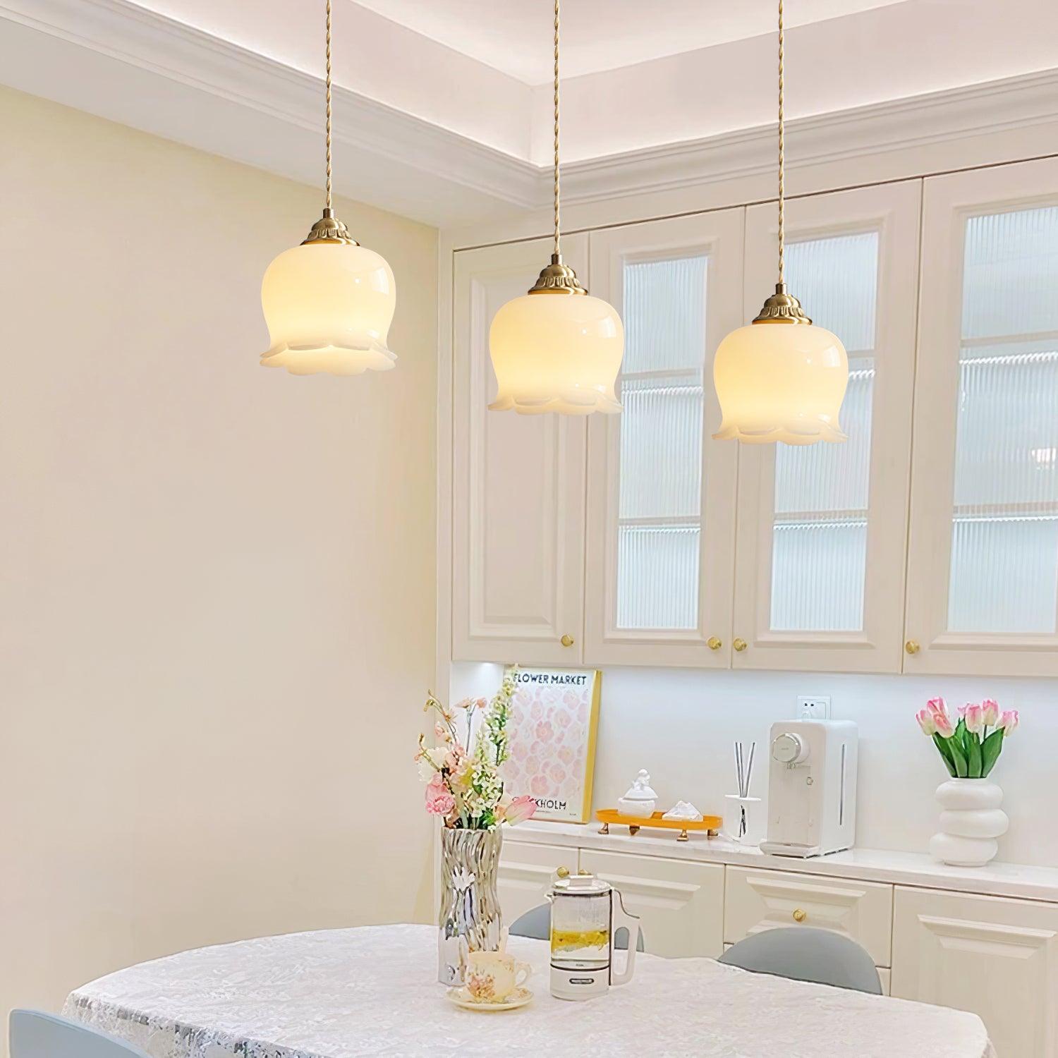 Lily of the Valley Flower Pendant Light with Brass Base and Resin Shade for Elegant Home Lighting