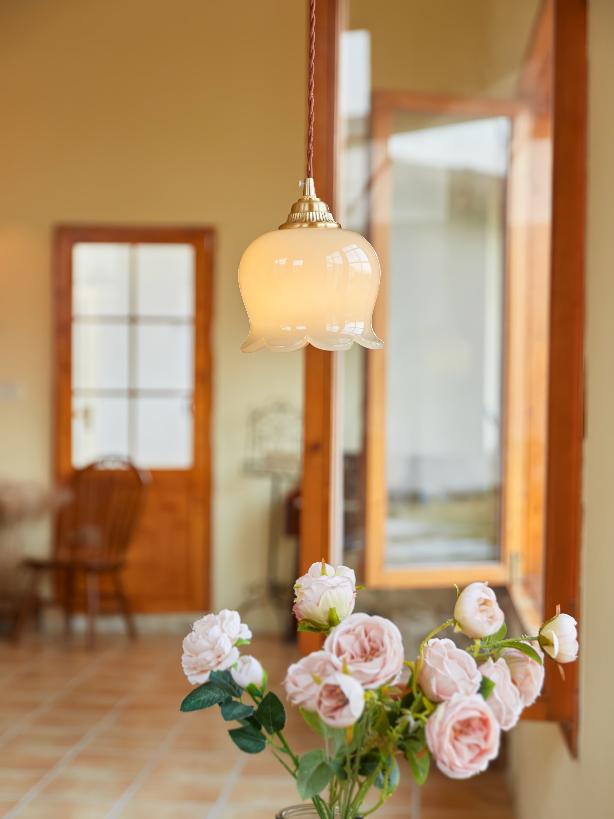 Lily of the Valley Flower Pendant Light with Brass Base and Resin Shade for Elegant Home Lighting