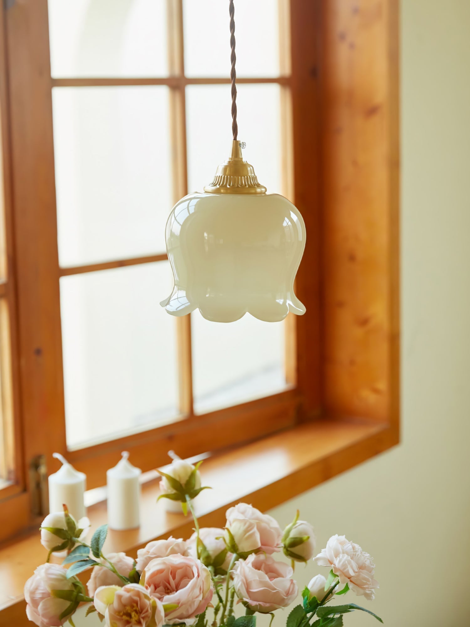 Lily of the Valley Flower Pendant Light with Brass Base and Resin Shade for Elegant Home Lighting