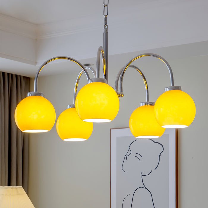 Loa Mid Century Modern Yellow Glass Globe Chandelier with Polished Chrome Finish