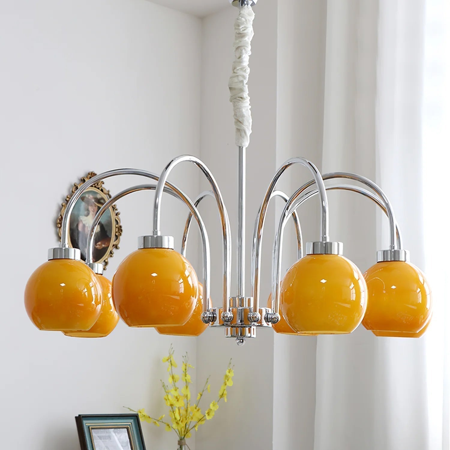 Loa Mid Century Modern Yellow Glass Globe Chandelier with Polished Chrome Finish