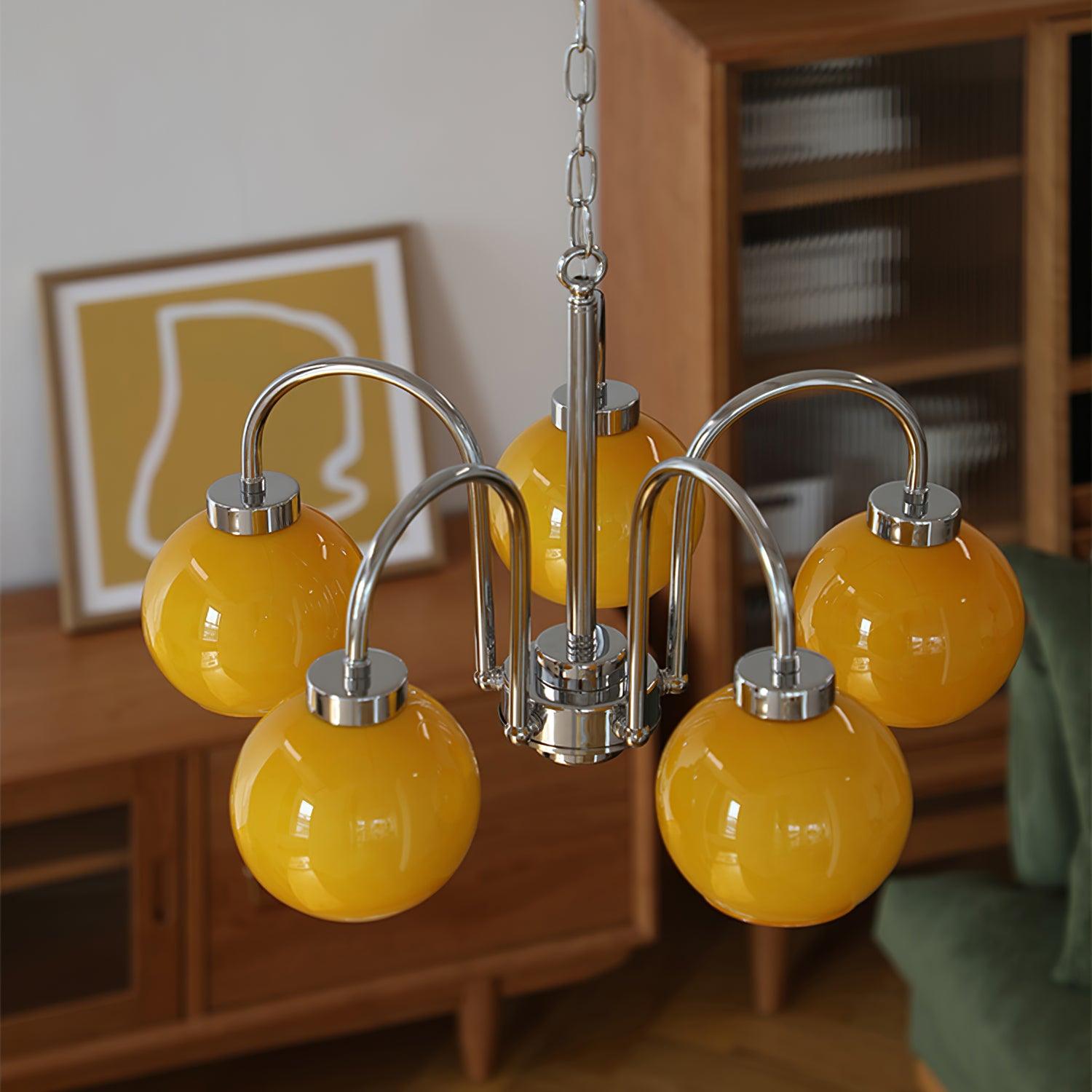Loa Mid Century Modern Yellow Glass Globe Chandelier with Polished Chrome Finish