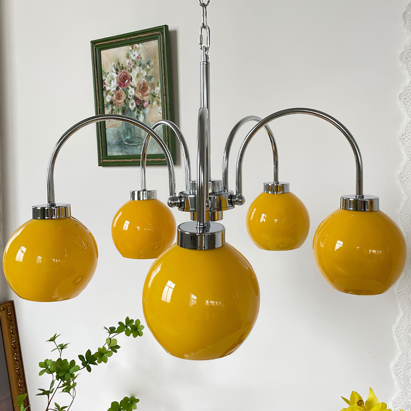 Loa Mid Century Modern Yellow Glass Globe Chandelier with Polished Chrome Finish