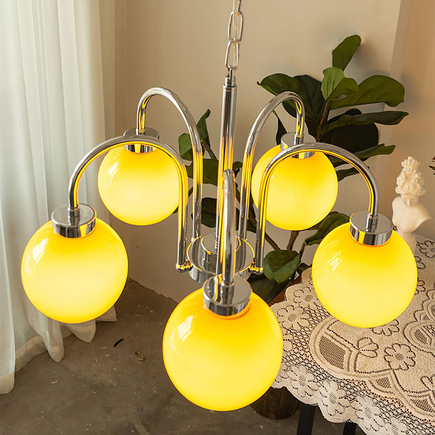 Loa Mid Century Modern Yellow Glass Globe Chandelier with Polished Chrome Finish