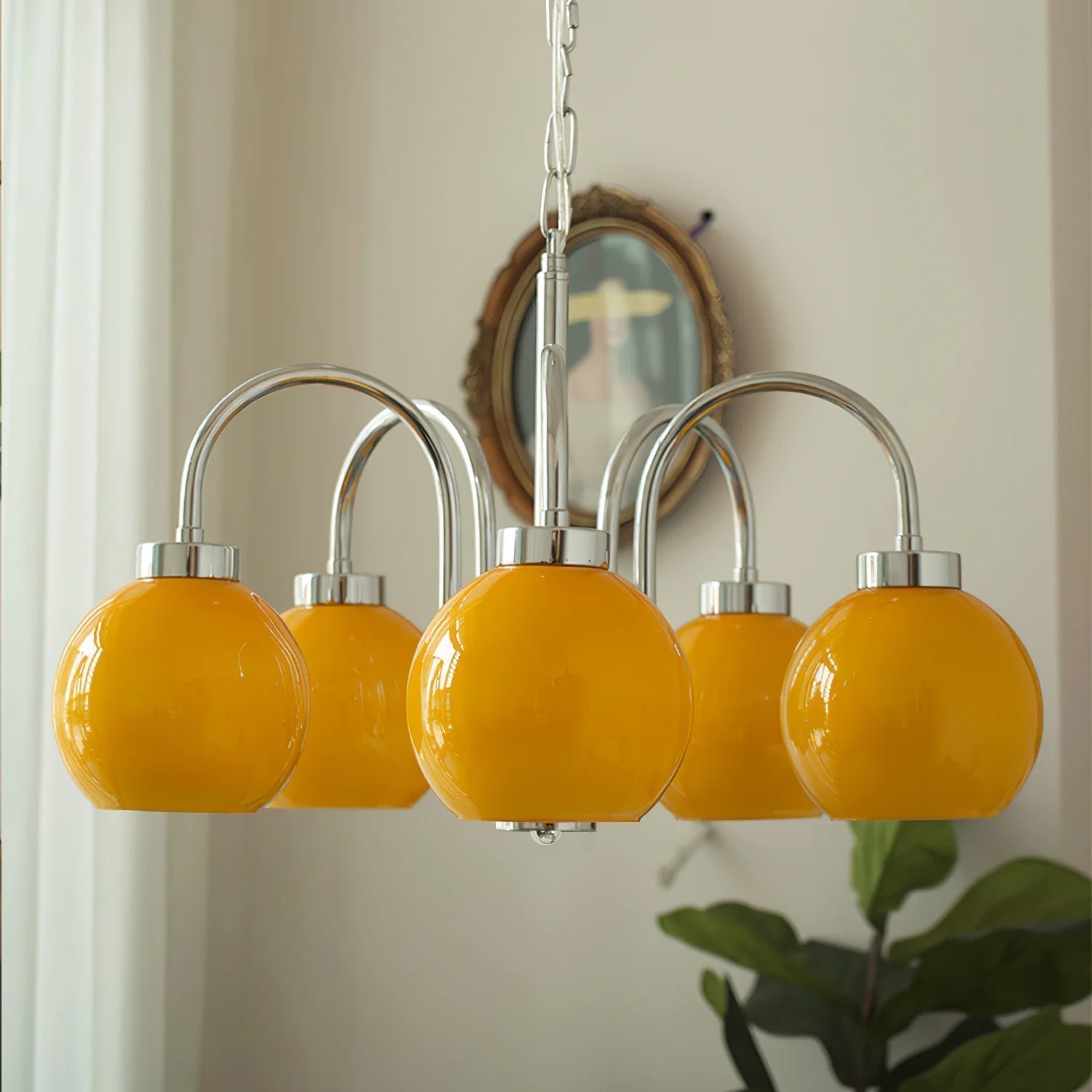Loa Mid Century Modern Yellow Glass Globe Chandelier with Polished Chrome Finish