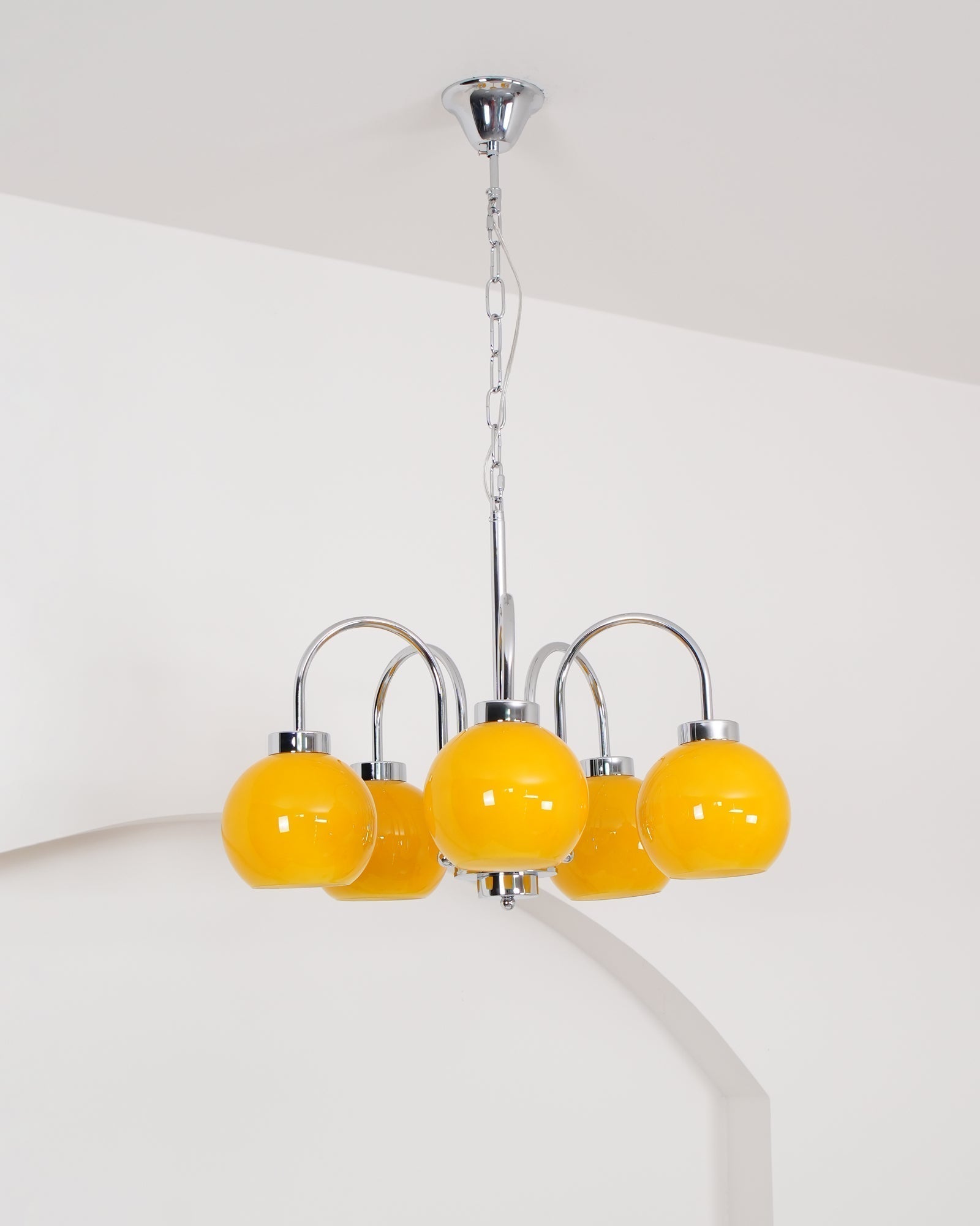 Loa Mid Century Modern Yellow Glass Globe Chandelier with Polished Chrome Finish