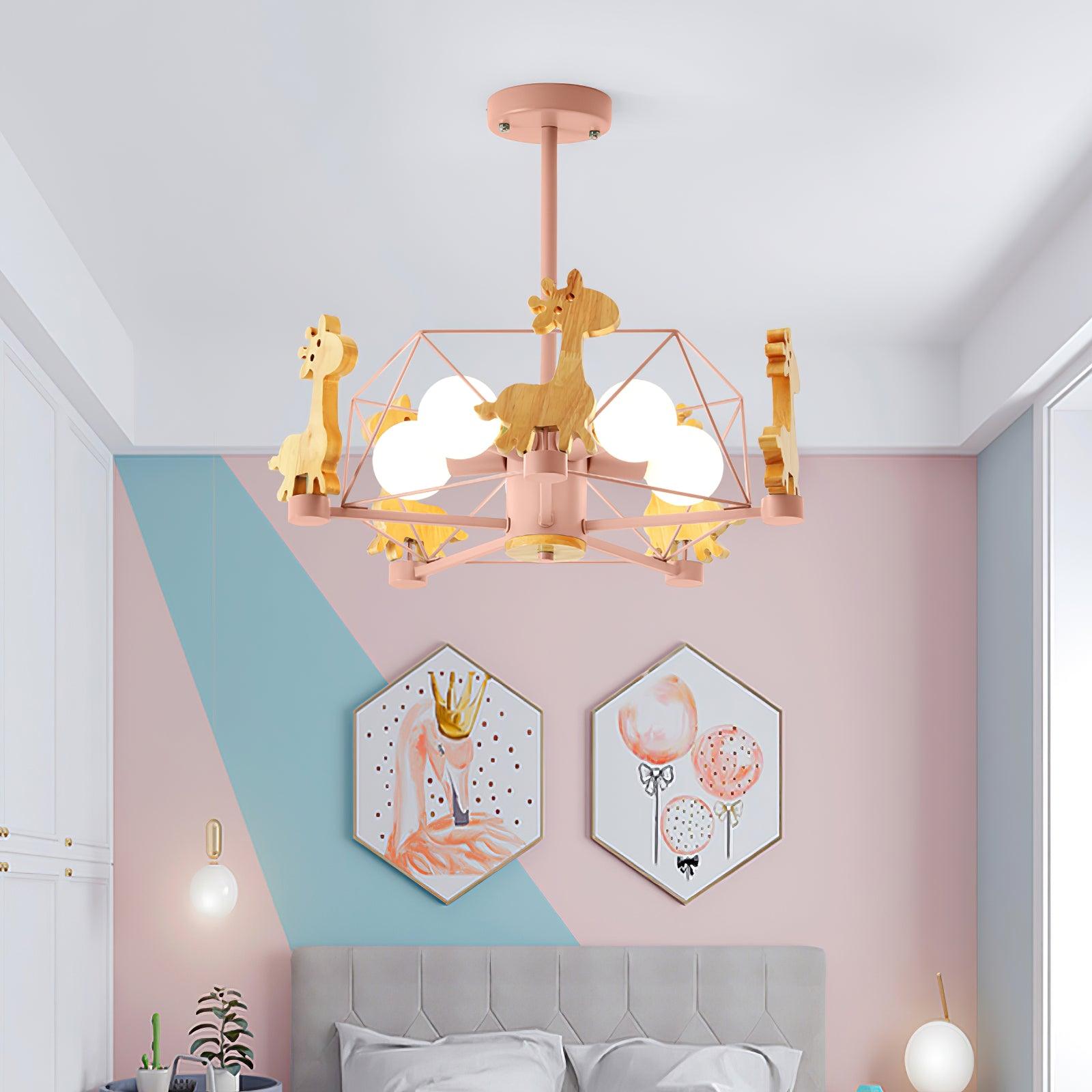 Lovely Deer Animal Themed Wooden Chandelier Ceiling Light for Kids Bedroom and Playroom