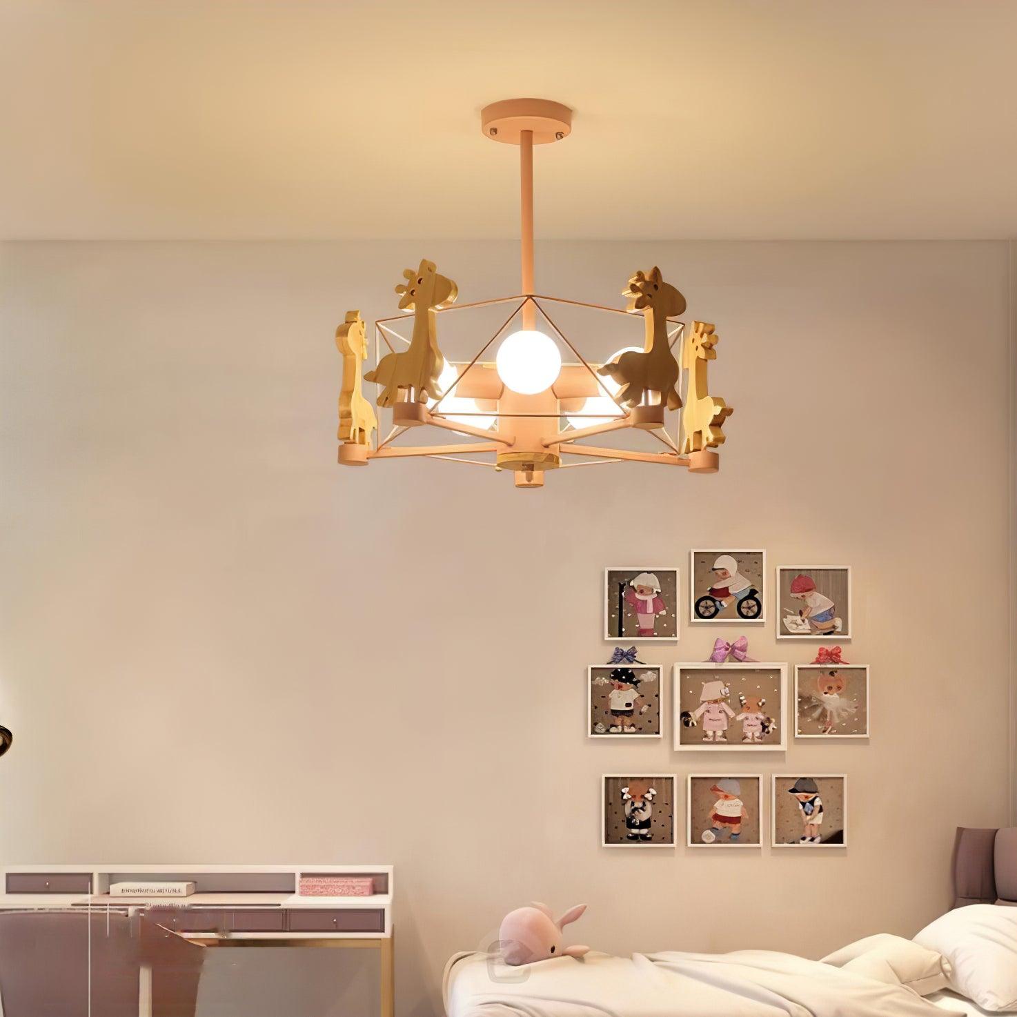 Lovely Deer Animal Themed Wooden Chandelier Ceiling Light for Kids Bedroom and Playroom