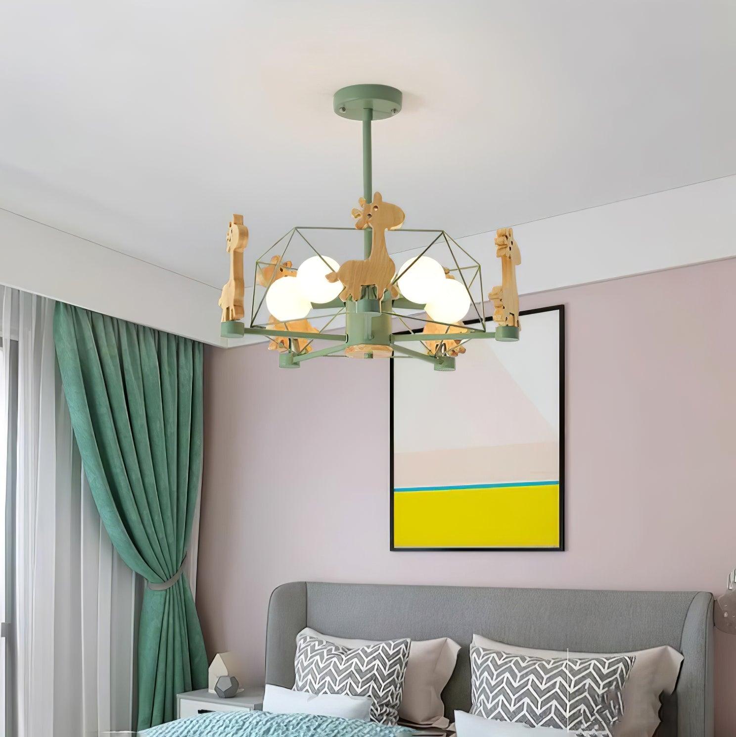 Lovely Deer Animal Themed Wooden Chandelier Ceiling Light for Kids Bedroom and Playroom