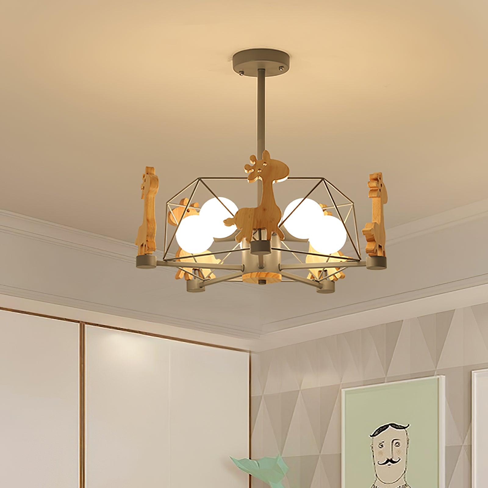 Lovely Deer Animal Themed Wooden Chandelier Ceiling Light for Kids Bedroom and Playroom