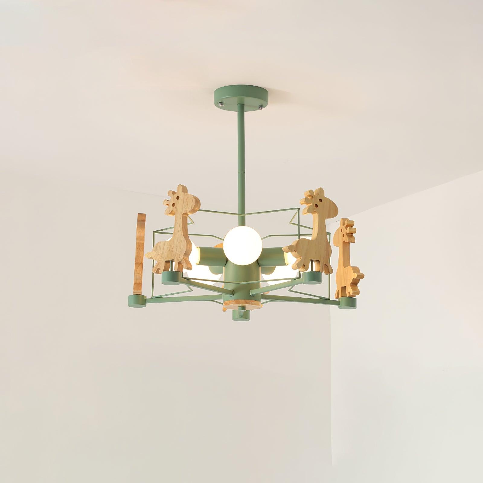 Lovely Deer Animal Themed Wooden Chandelier Ceiling Light for Kids Bedroom and Playroom