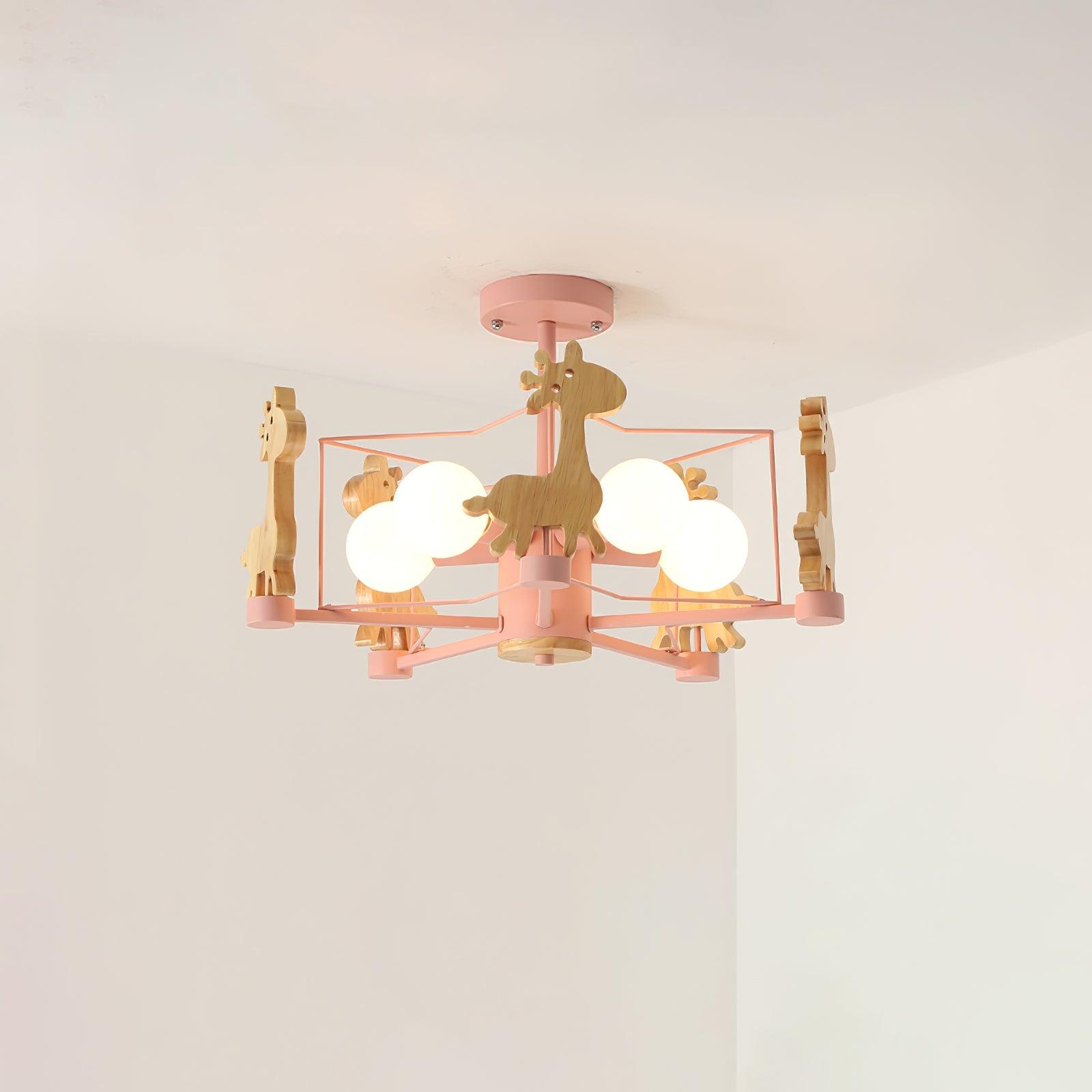 Lovely Deer Animal Themed Wooden Chandelier Ceiling Light for Kids Bedroom and Playroom