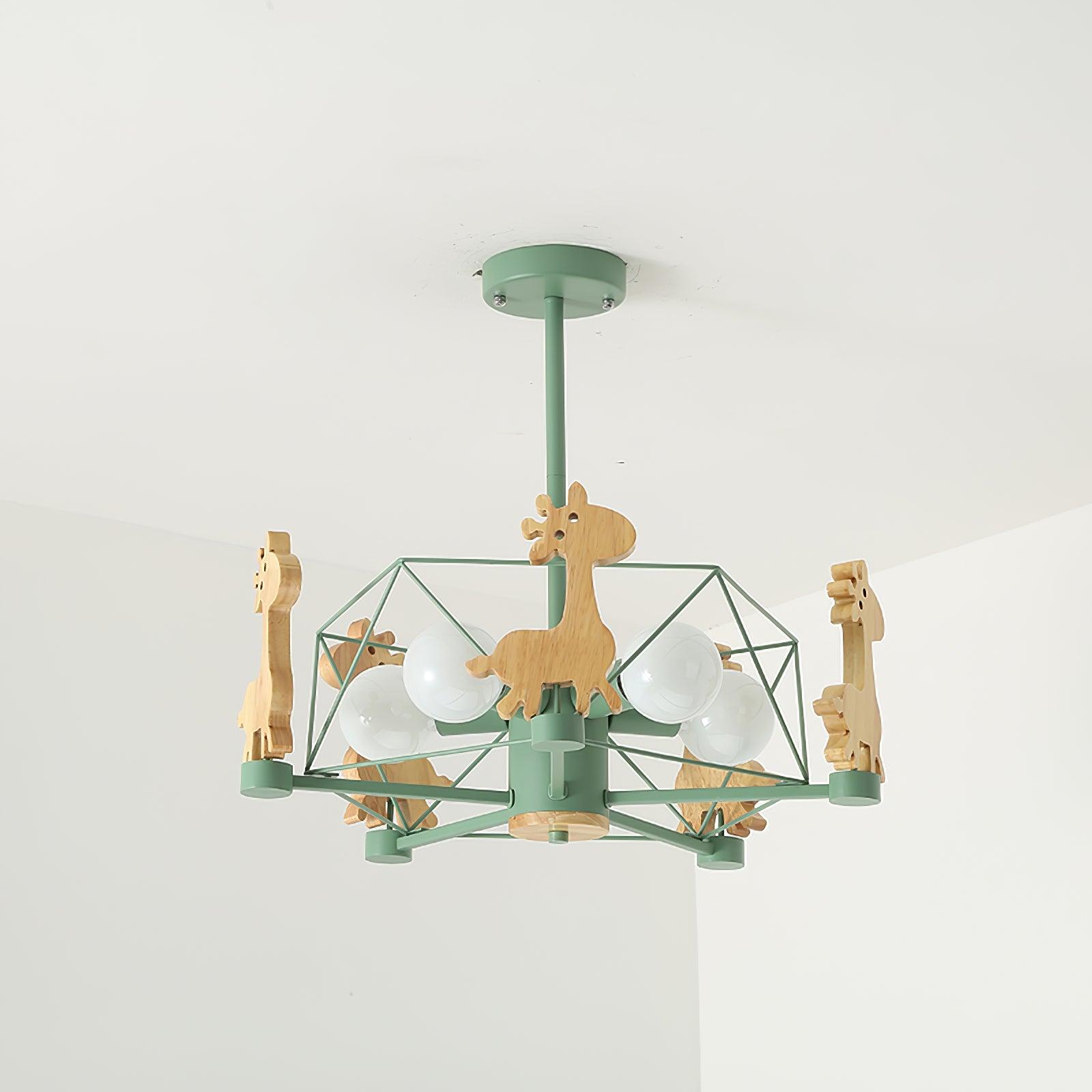 Lovely Deer Animal Themed Wooden Chandelier Ceiling Light for Kids Bedroom and Playroom
