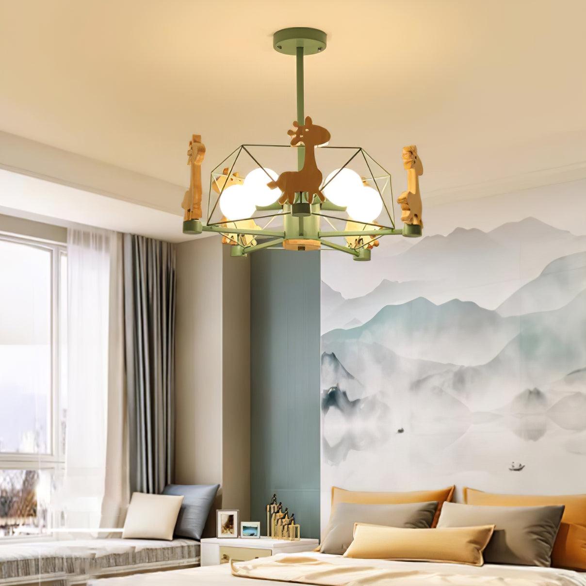 Lovely Deer Animal Themed Wooden Chandelier Ceiling Light for Kids Bedroom and Playroom